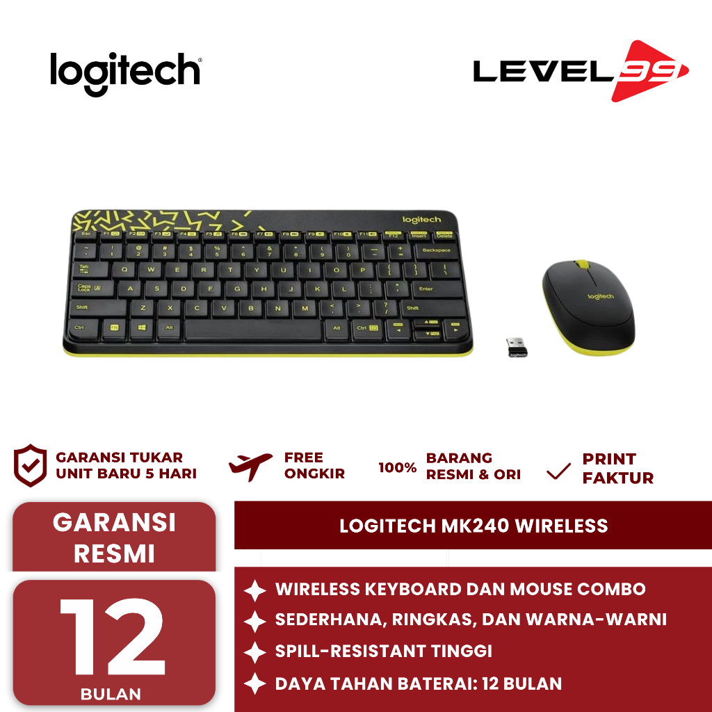 Logitech MK240 Wireless Keyboard dan Mouse - Black