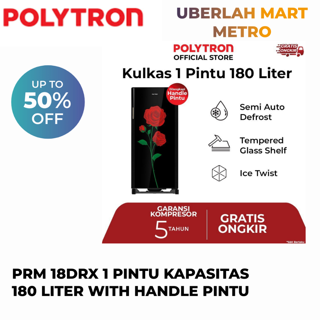 POLYTRON KULKAS 1 PINTU BELLEZA 18DRX KACA BUNGA