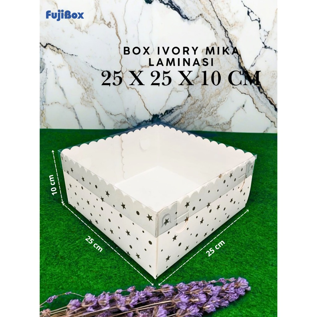 

( 10 Pcs ) Fuji Box Dus Kotak Kue hampers puding cake Ivory Motif Polkadot Bintang laminasi 25 cm x 25 cm x 10 cm Premium Tutup Mika Full