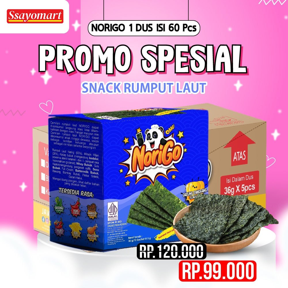 

Norigo Jagung Panggang (1 DUS ISI 5 PACK) FREE 10 PCS / Nori Sachet Seaweed Snack 3g Rumput Laut Halal Rasa Jagung Panggang