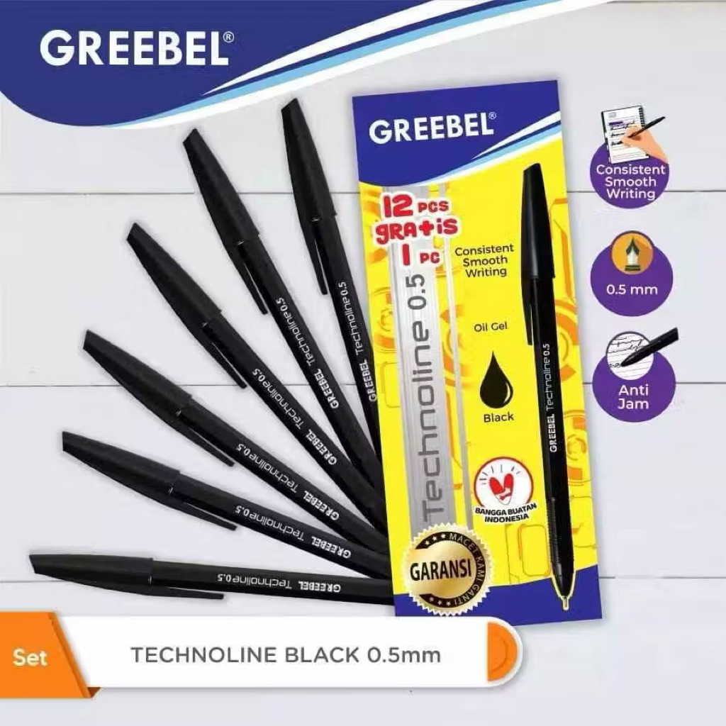 

Pulpen Greebel Technoline 0.5 Warna Hitam/Biru 1 Box Isi 12 | Pulpen Tinta Lancar Original