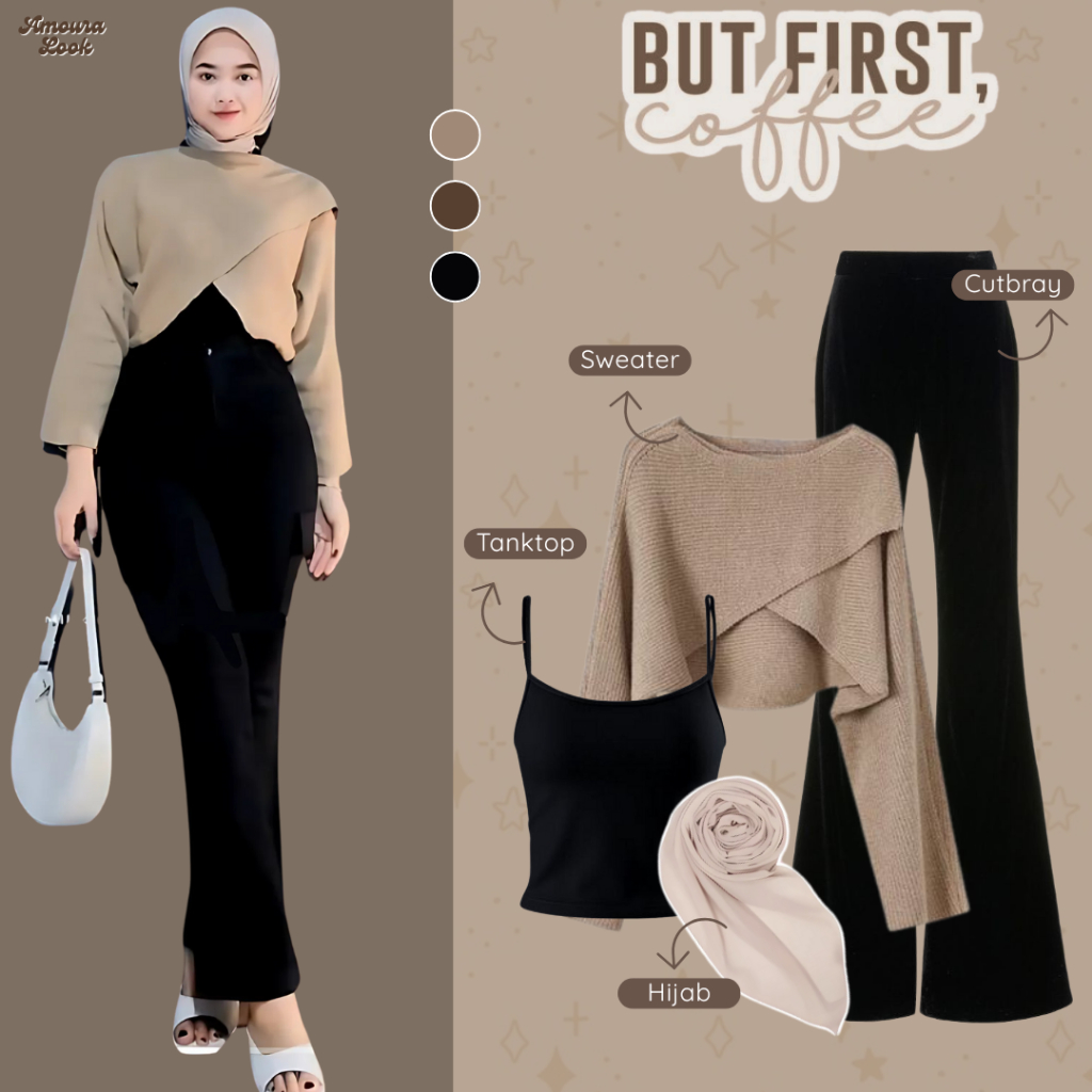Outfit Wanita Kekinian One set Zelia ( Sweater + Tanktop + Celana Cutbray + Bella Square ) Ootd 4in1