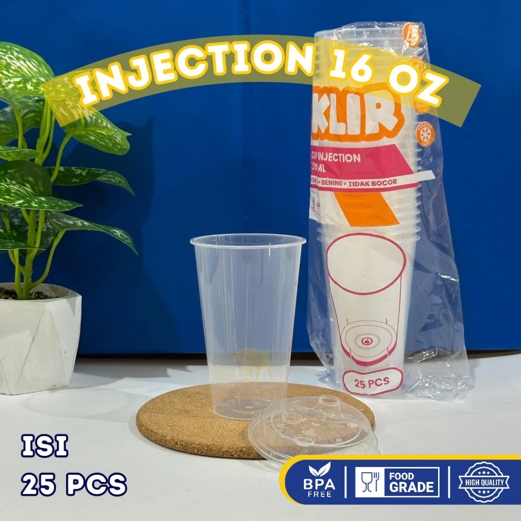 [25PCS] Gelas Plastik Injection KLIR Bening Transparan + Tutup16oz / Gelas Kopi Stawless / Cup Minum