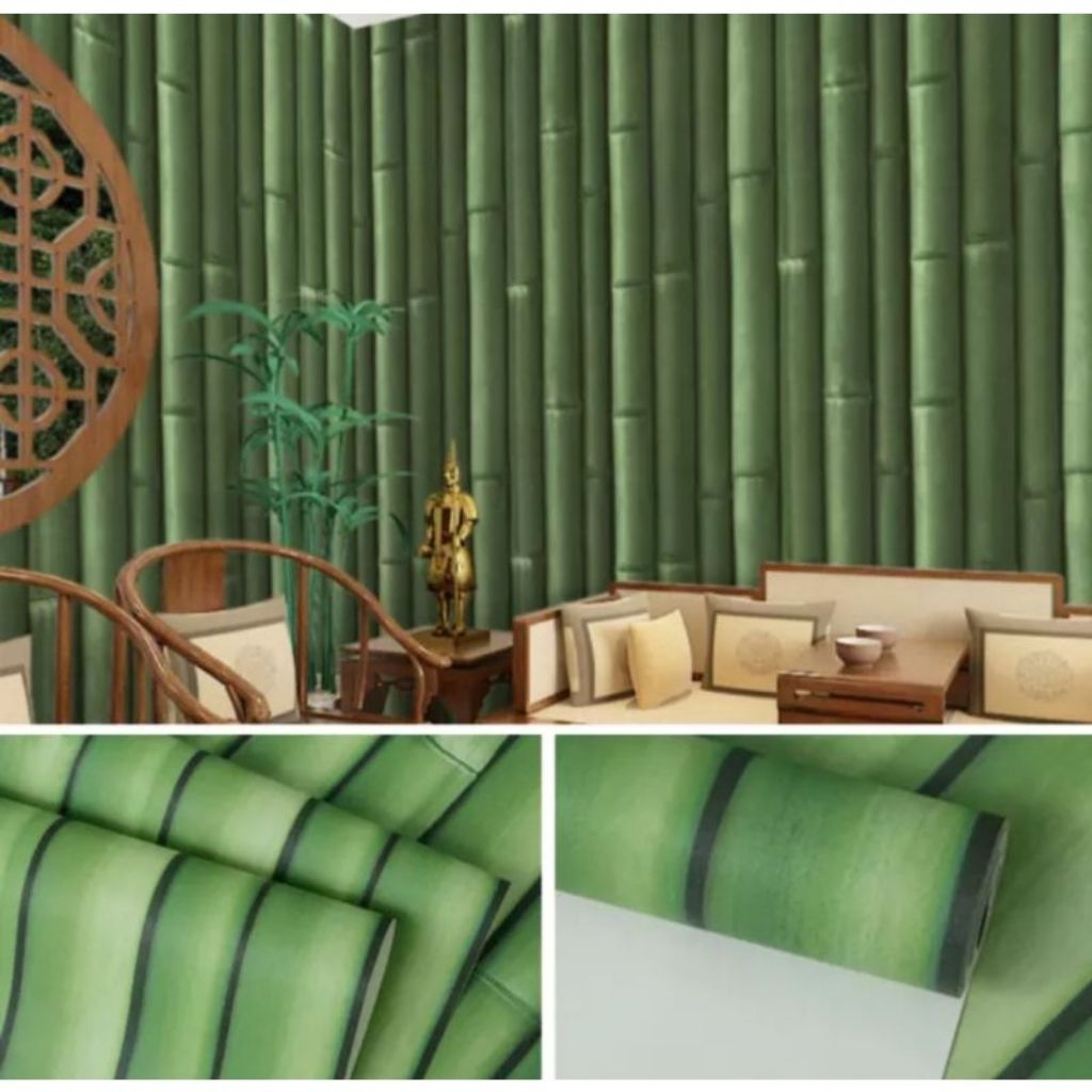 wallpaper dinding termurah motif bambu hijau list hitam