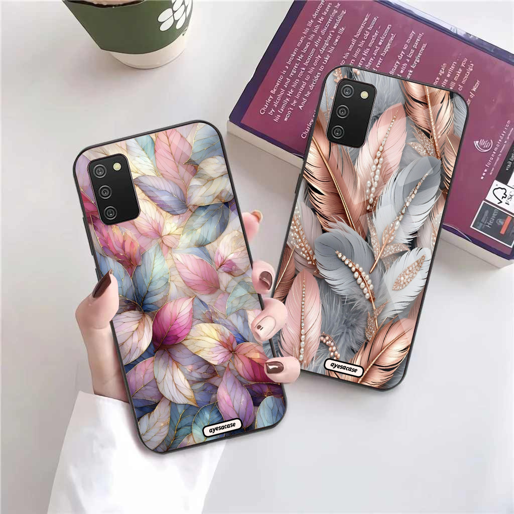 CASE  GLASS CASE GLOSSY CUSTOM RUBBER CASE MOTIF BULU DAN DAUN GLOSSY Case Oppo Case Xiaomi Case Iph