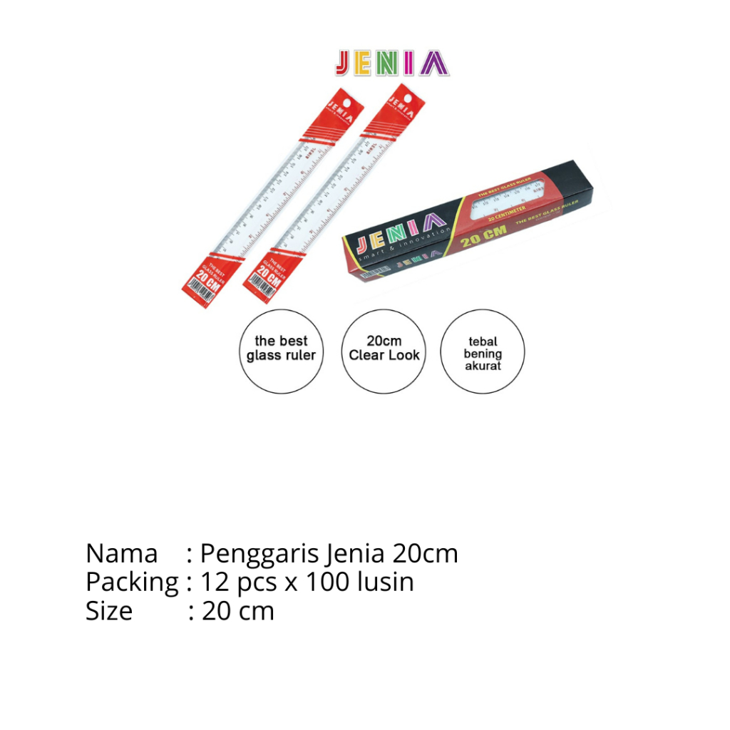 

PENGGARIS JENIA 20 cm per pack Rol Plastik Ruler Plastic - 20 cm 12 pcs