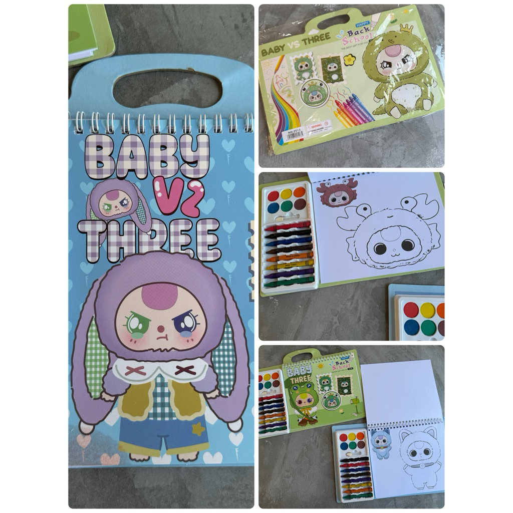 

Buku Gambar Mewarnai 3D set crayon and brush coloring book baby three dan kuromi 12 halaman