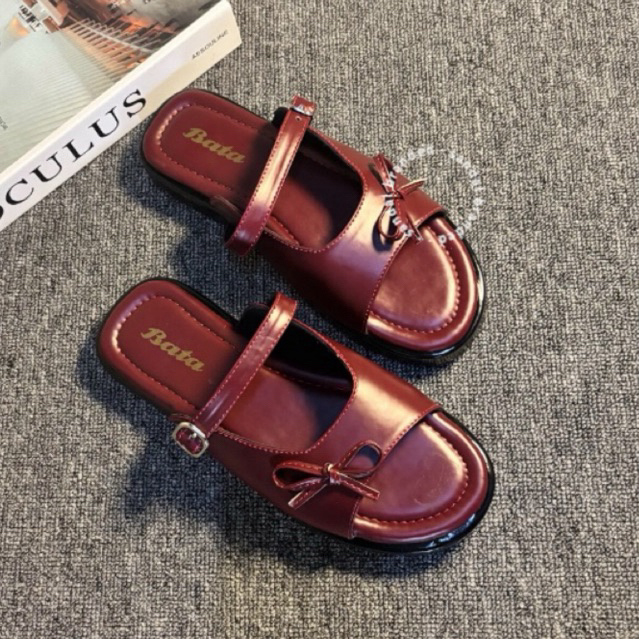 big promo bata sandal wanita hak tinggi sandal slop motif pita sandal gesper