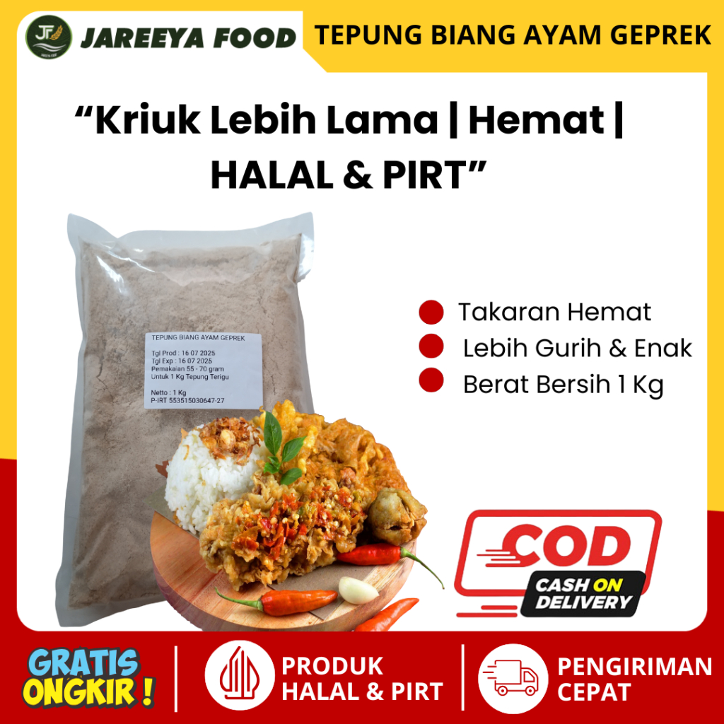 

Tepung Biang Premix Ayam Geprek Crispy Premium 1Kg Jareeya Food
