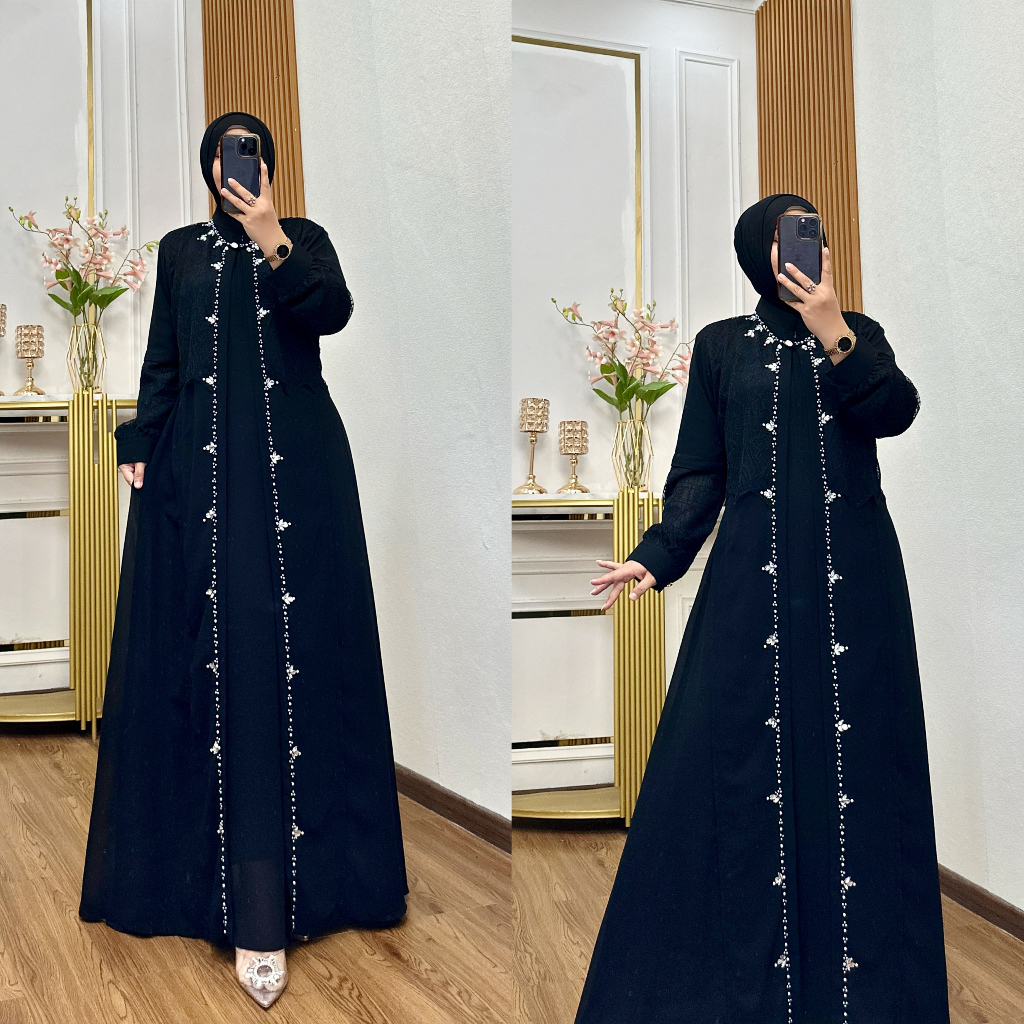 Gamis Hitam dengan Hiasan payet mewah//chantylimix ceruty//busui//gamis pesta//gamis elegan
