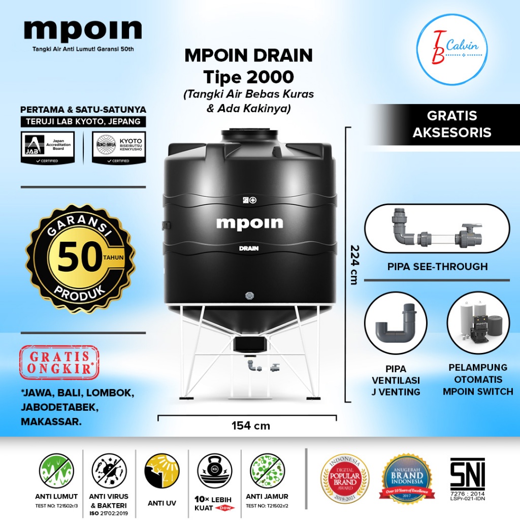 Tangki Tandon Toren Air Mpoin Plus 2000 Liter Drain Kuras