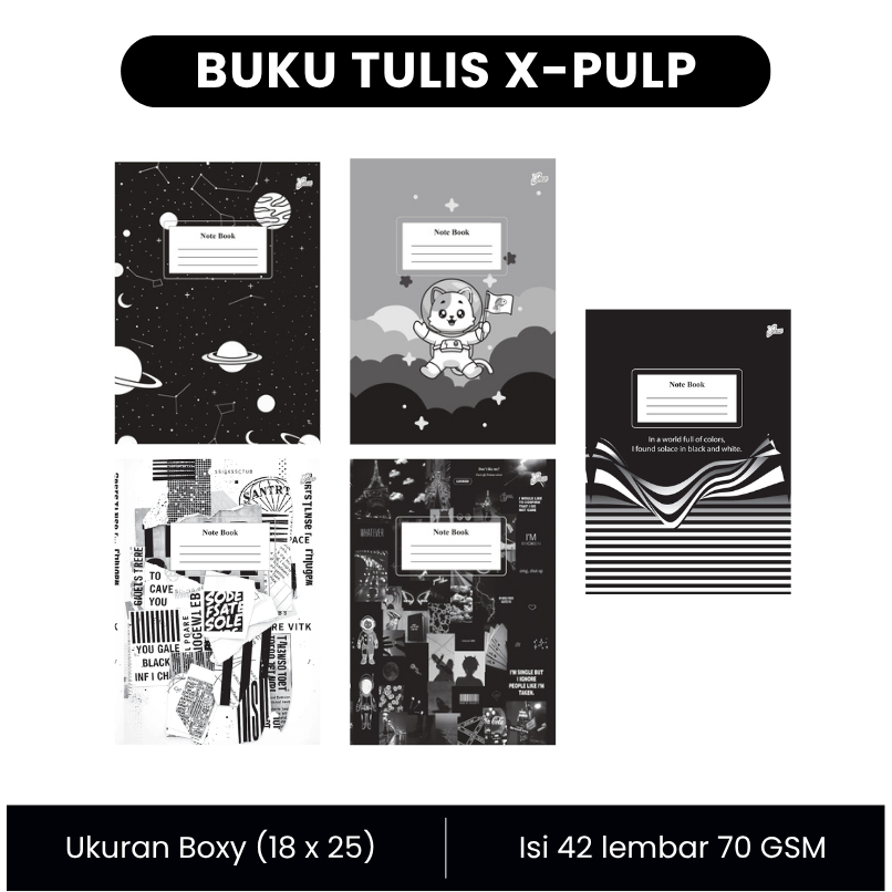 

BUKU TULIS XPULP UKURAN BOXY, ISI 42 LEMBAR, 1 PACK ISI 10 BUKU, MOTIF BLACK AND WHITE