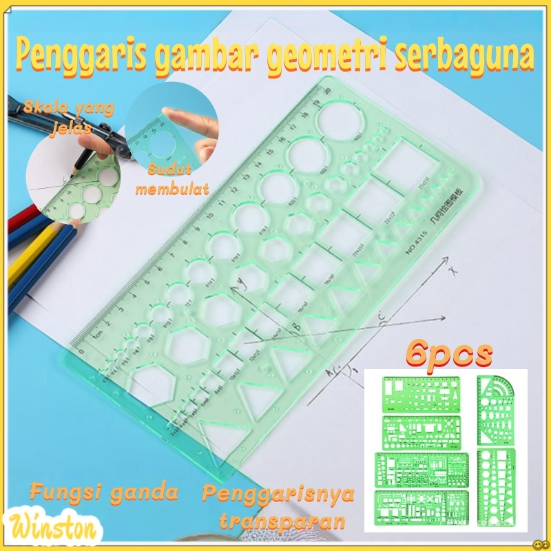 

Set 6 buah penggaris templat gambar teknik desain dan konstruksi/templat geometris/ penggaris berongga plastik