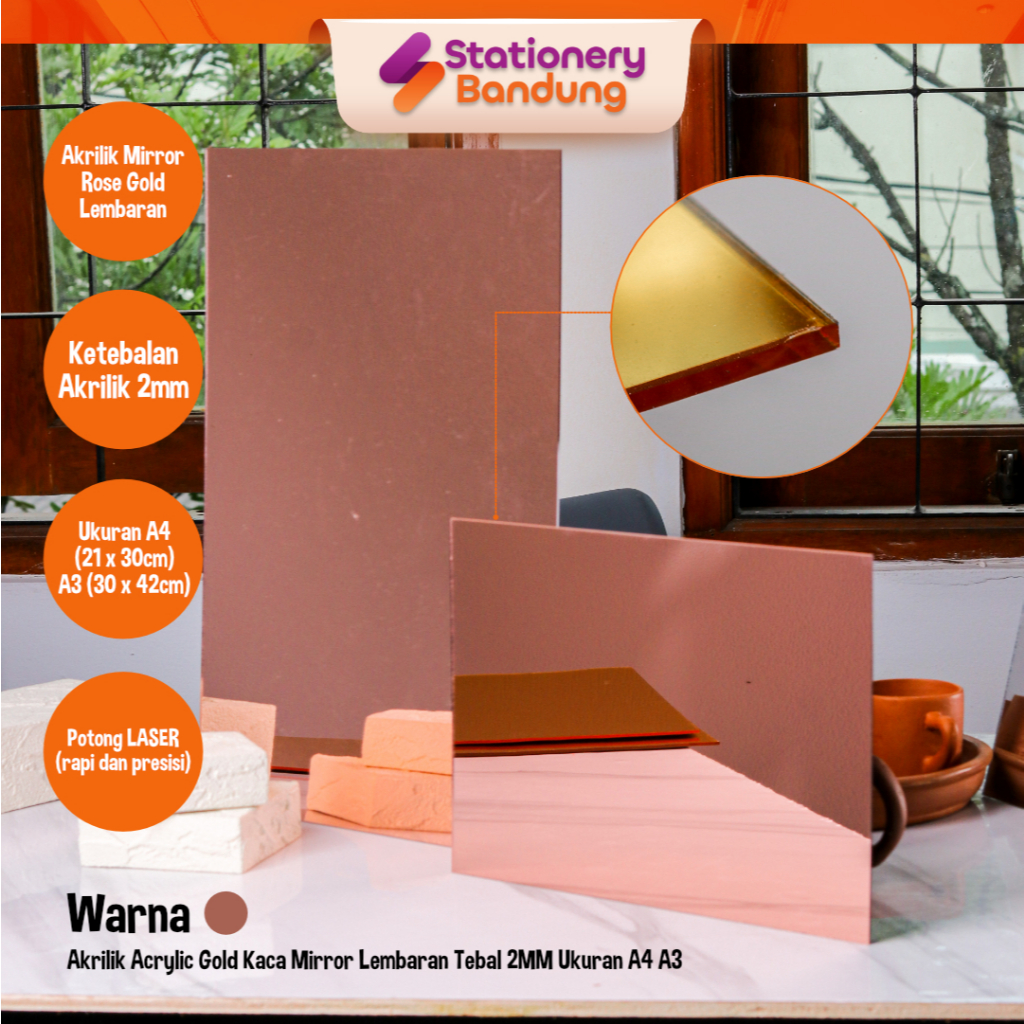 

Akrilik Acrylic Rose Gold Mirror Kaca Lembaran Tebal 2mm Ukuran A4 A3