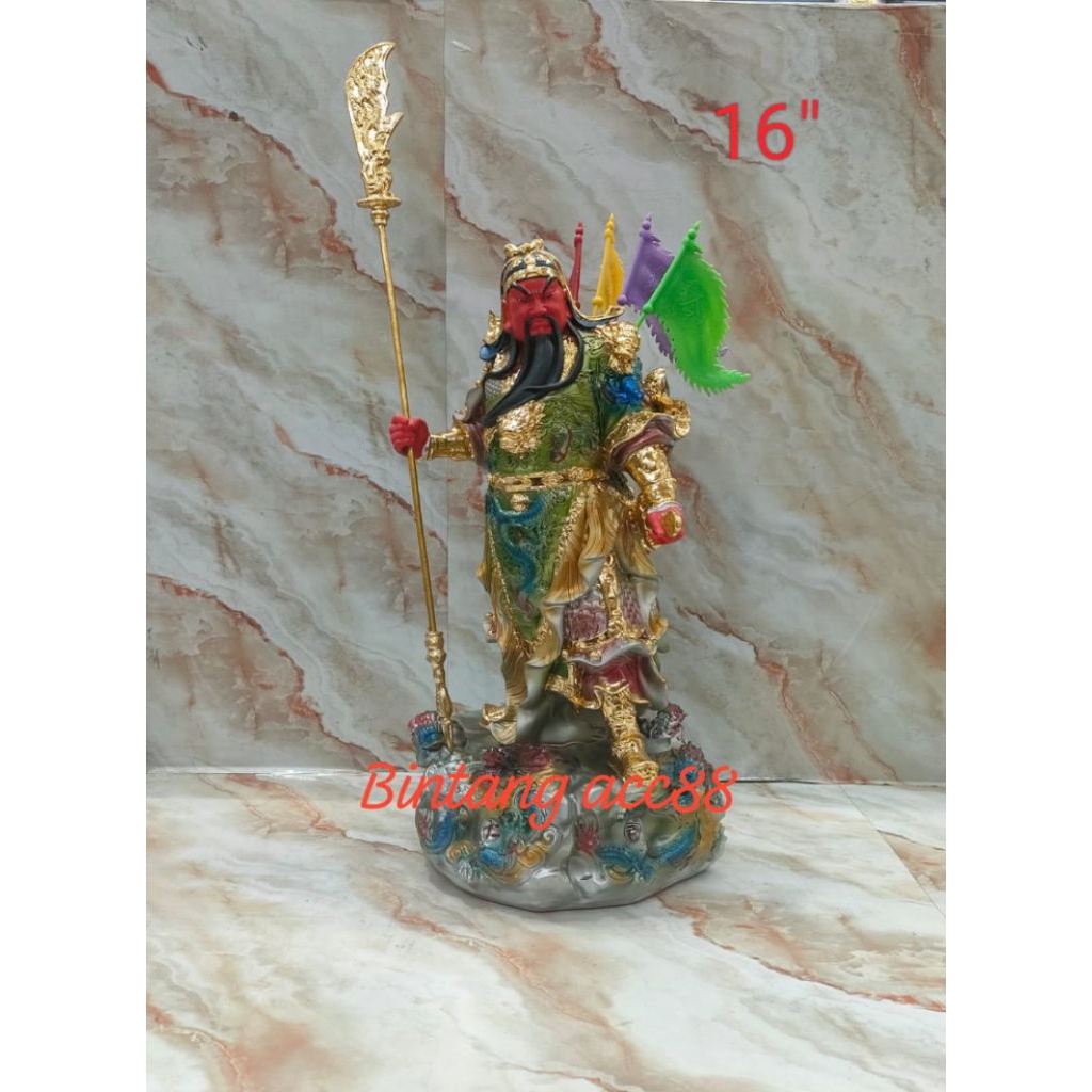 patung dewa kwan kung / kwan kong / guan yu - 5 bendera -fiber - 16inch