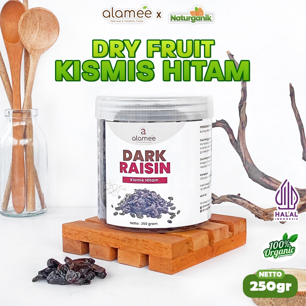 

ALAMEE Dark Raisin Cemilan Buah Sehat Kismis Hitam Manis Dried Fruit Black Raisin PREMIUM 250gr Naturganik