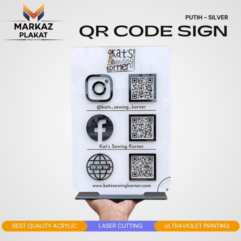 Akrilik QR Code Sign PUTIH - SILVER / Social Media Business Sign Acrylic  / QR Code Sign Akrilik