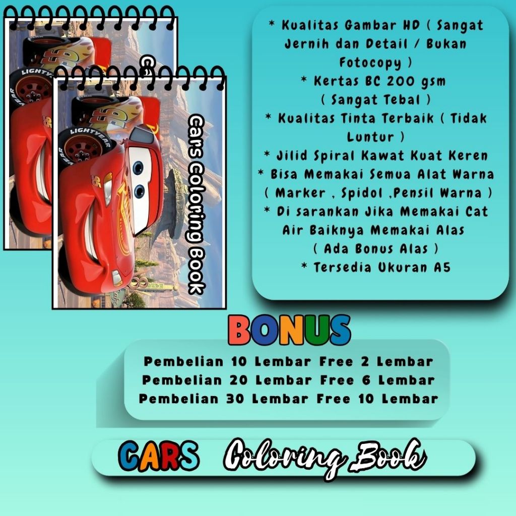 

Cars Coloring Book Buku Mewarnai Keren Spiral Kawat Kertas Premium Tebal 200 gsm Kualitas Sketsa Gambar HD Jernih
