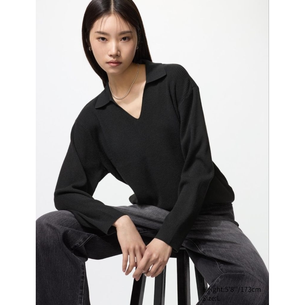 SWEATER POLO RIB RAJUT UNIQLO SWEATER KNIT CEWE WASHABLE ( MACHING SET )