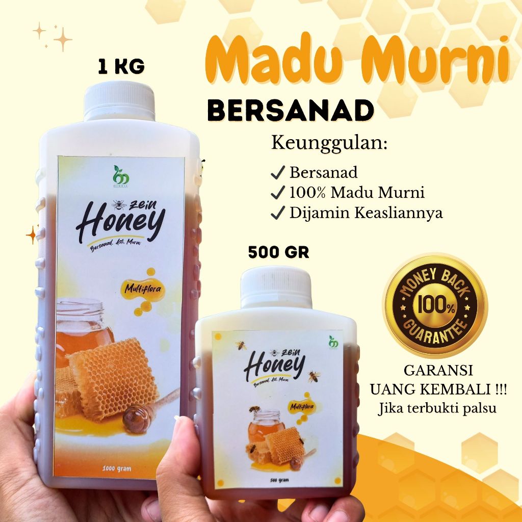 

ZEIN HONEY - Madu Murni Bersanad Multiflora 1 kg - Dijamin Asli 100% Tanpa Campuran dan Pengawet - Randu Kaliandra Mangga Hutan 500 gr