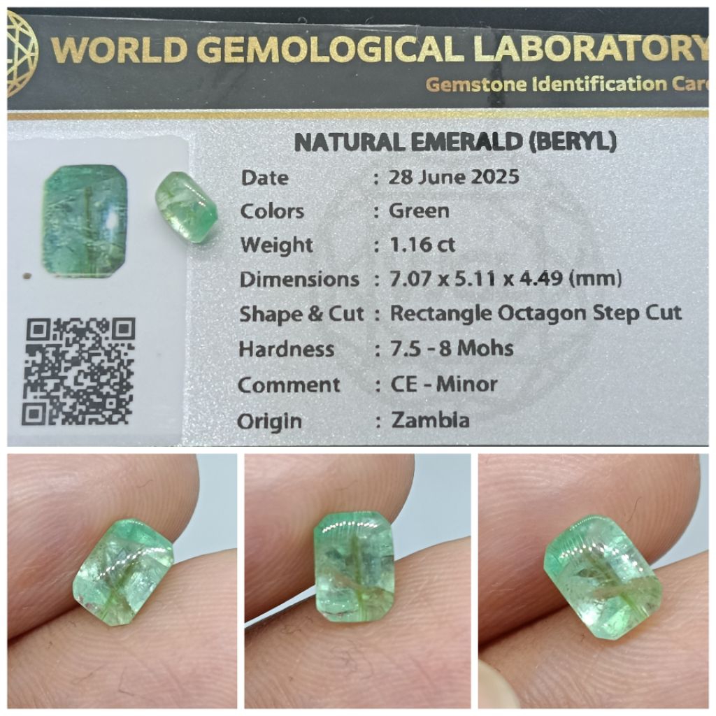 Natural Emerald Beryl zamrud Zambia 1,16ct mirip Colombia HQ memo WGL Minor