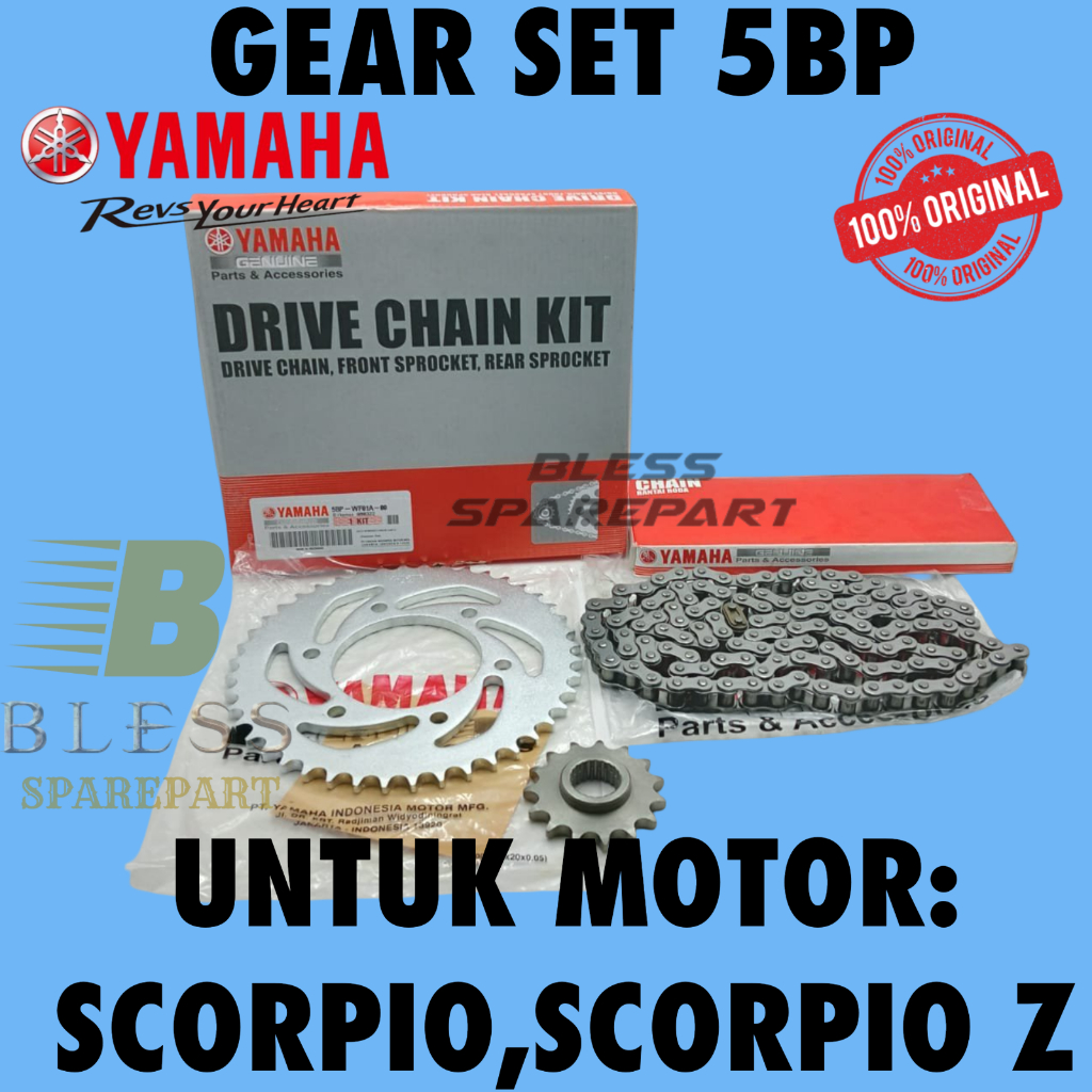 ASLI GEAR SET+RANTAI KODE-5BP ORIGINAL ASLI YAMAHA YPG SCORPIO/SCORPIO Z KUALITAS ORI YAMAHA YPG ORI