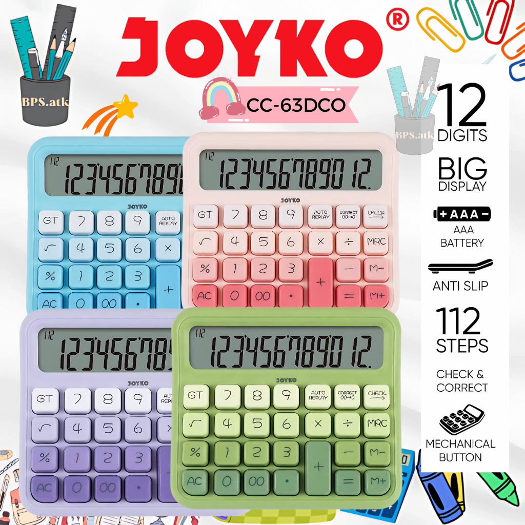 

JOYKO Calculator / Kalkulator Aesthetic CC-63DCO 12 Digits Check & Correct Kalkulator Warna Lucu