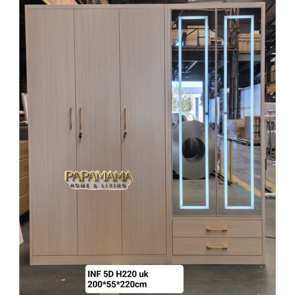 Lemari Pakaian Plat Besi 5 Pintu Swing/Buka - Lemari Baju Import Minimalis Kaca Cermin LED - Lemari 