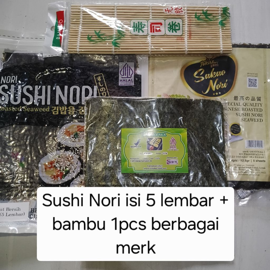 

[PROMO] Sushi Nori isi 5 lembar+bambu 1pcs bahan kulit sushi kimbap bento gimbap rumput laut kering halal mui dan bpom promo