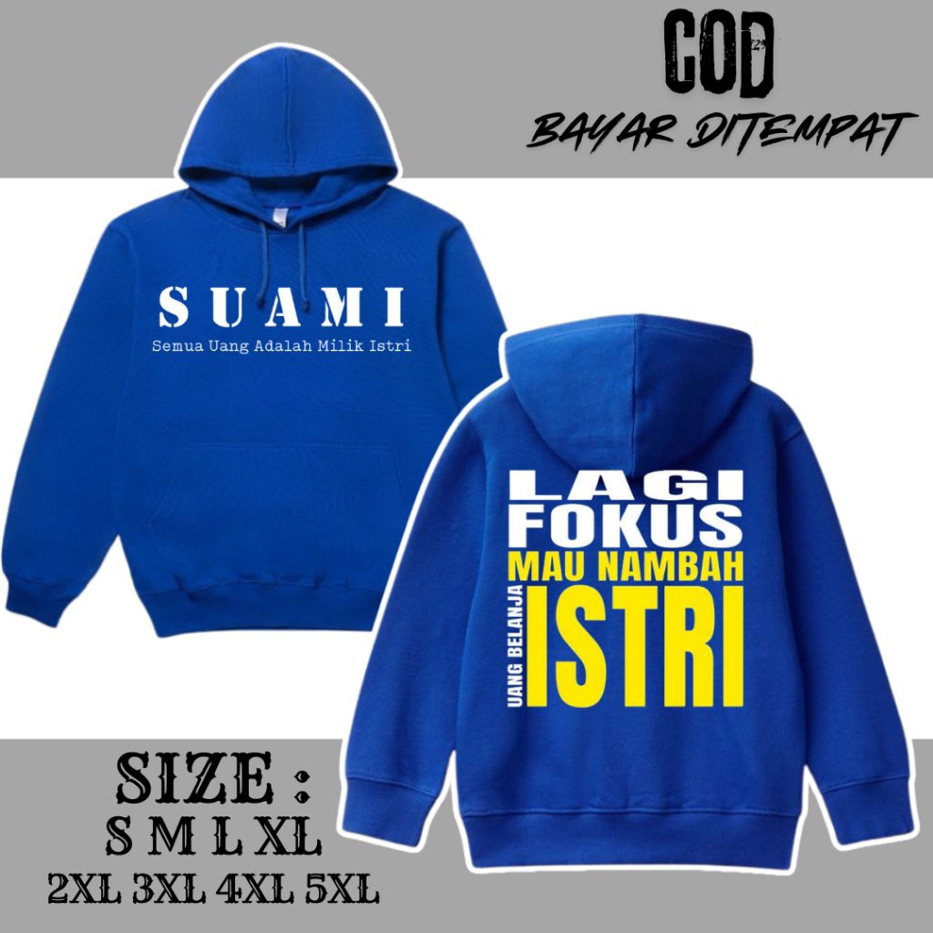 PROMOO "Hoodie Suami Takut Istri" Pria Wanita Cotton Fleece Warna Hitam dan Biru