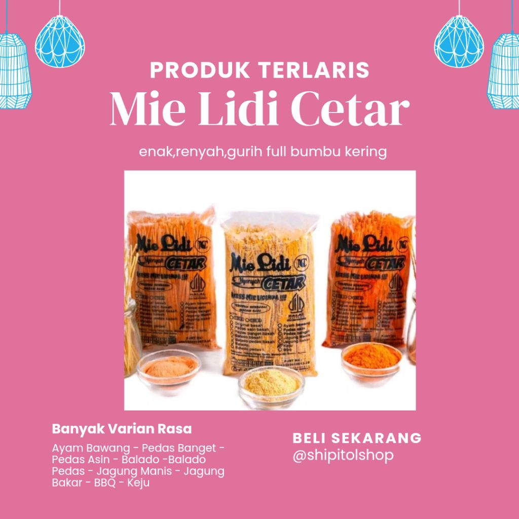 

Mie Lidi Cetar Bumbu Kering Original Banyumas Asli Nyonya Cetar Asin Pedas Manis Bawang Ayam Jagung Keripik Snacks Food Cemilan