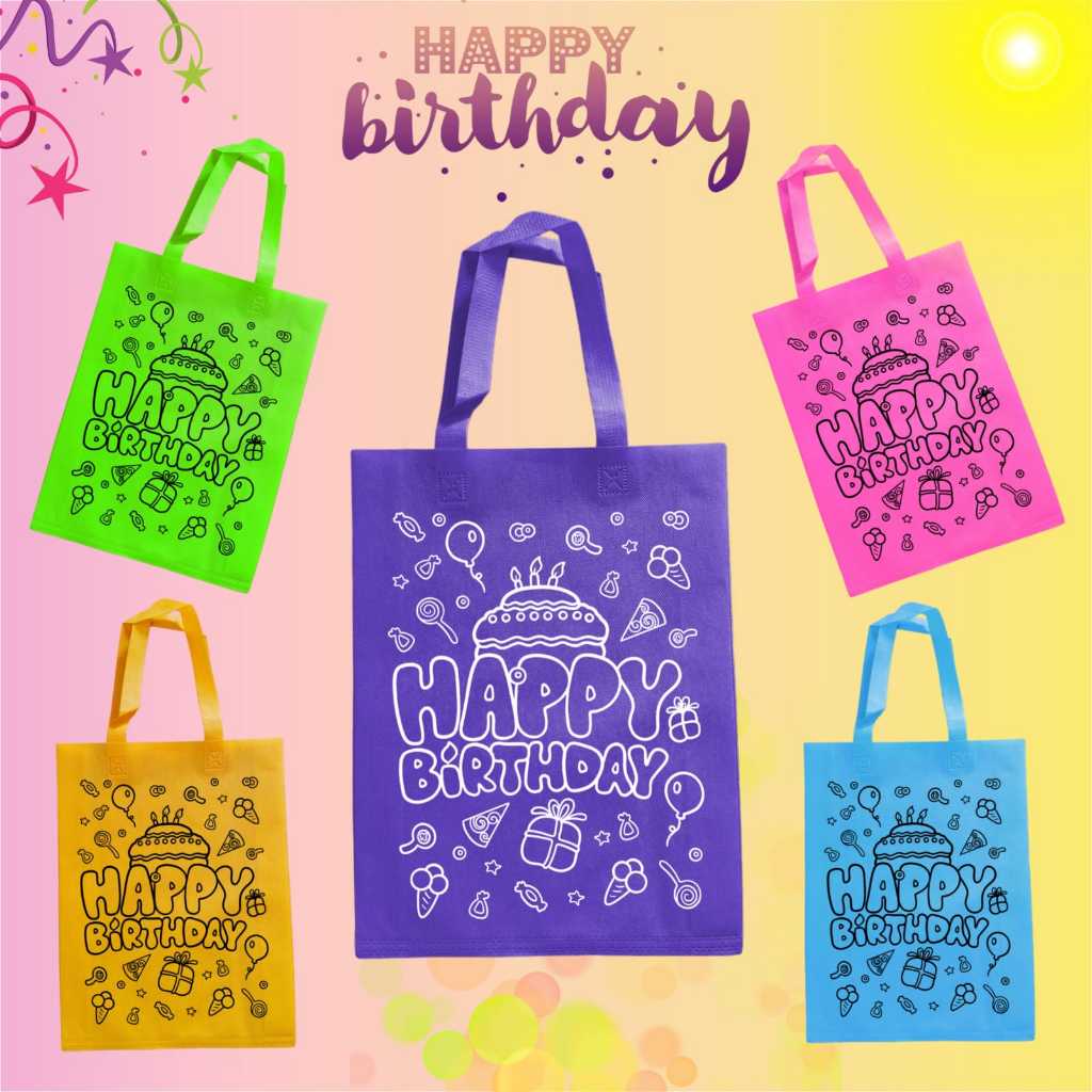 

(12 PCS=1 LUSIN) - Goodie Bag Spunbond 25x35 Tas Happy Birthday Untuk Bingkisan Anak