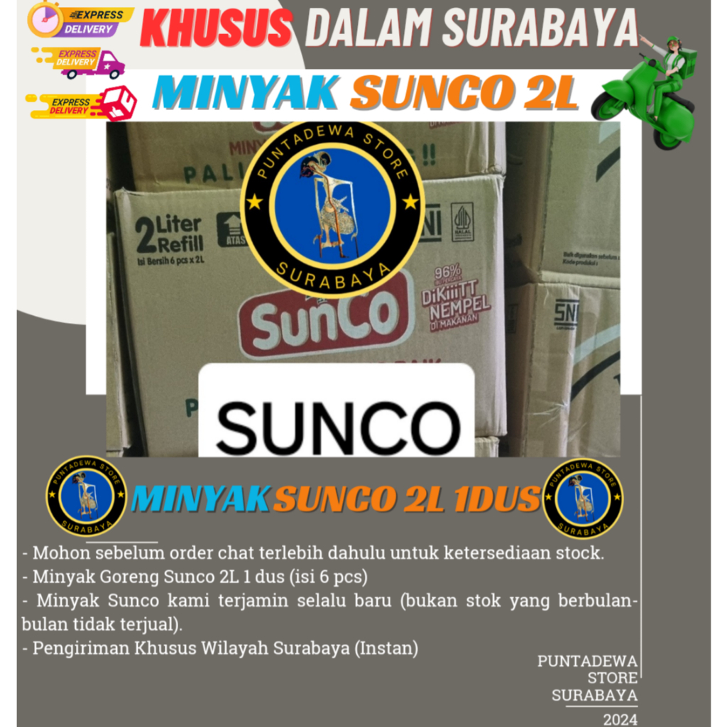 

Minyak Sunco 2L | Minyak Goreng Sunco 2L 1dus Khusus Luar Surabaya ( Cargo )