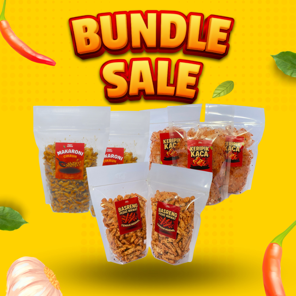 

paket kenyang 3 varian keripik kaca,basreng,makarini cikruh nikmat dapur sambal