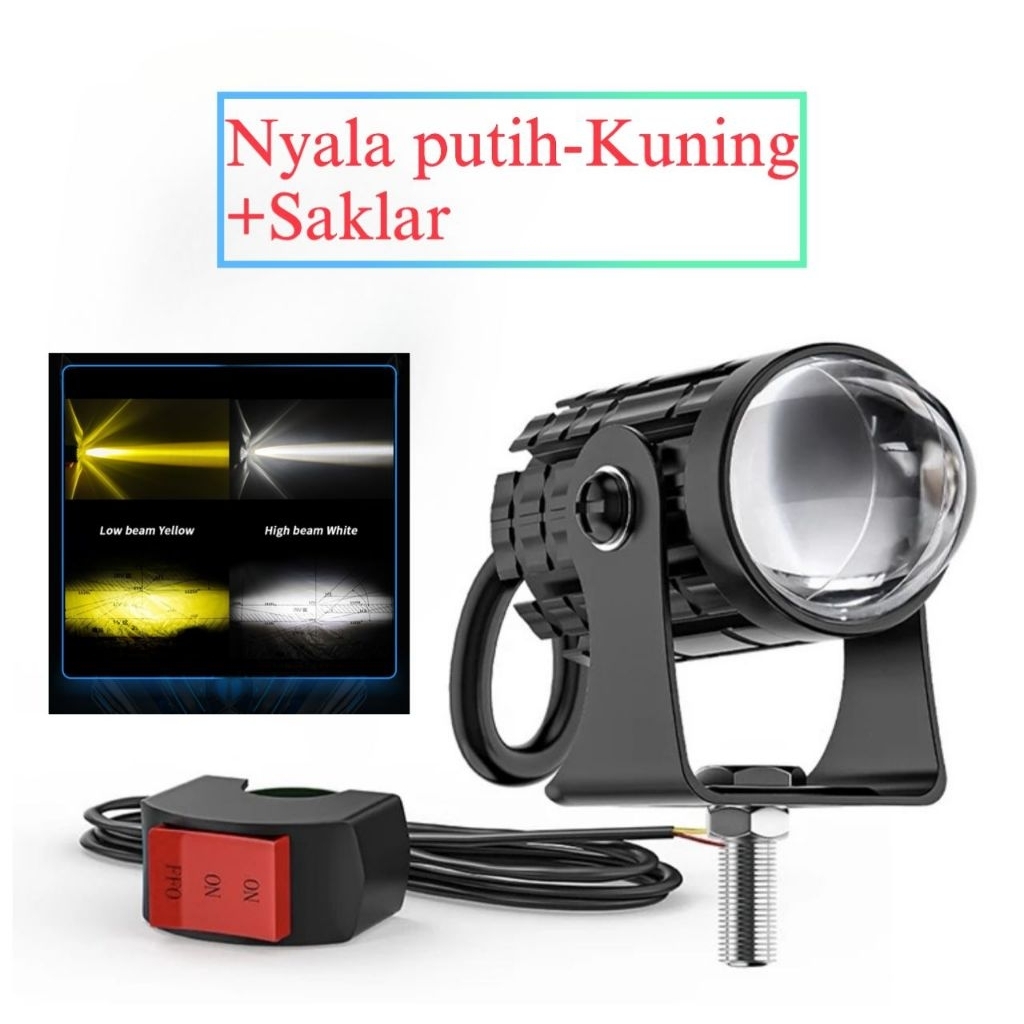 Lampu sorot foglamp tembak mini laser driving putih-kuning hi low + saklar on on off lampu DC 12-24v