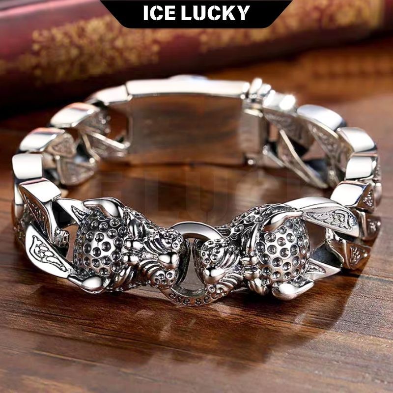 1351 New Gelang Pria Perak Thai Gelang Pria Bergaya China Klasik dengan Ukiran Kepala Macan Tahan La