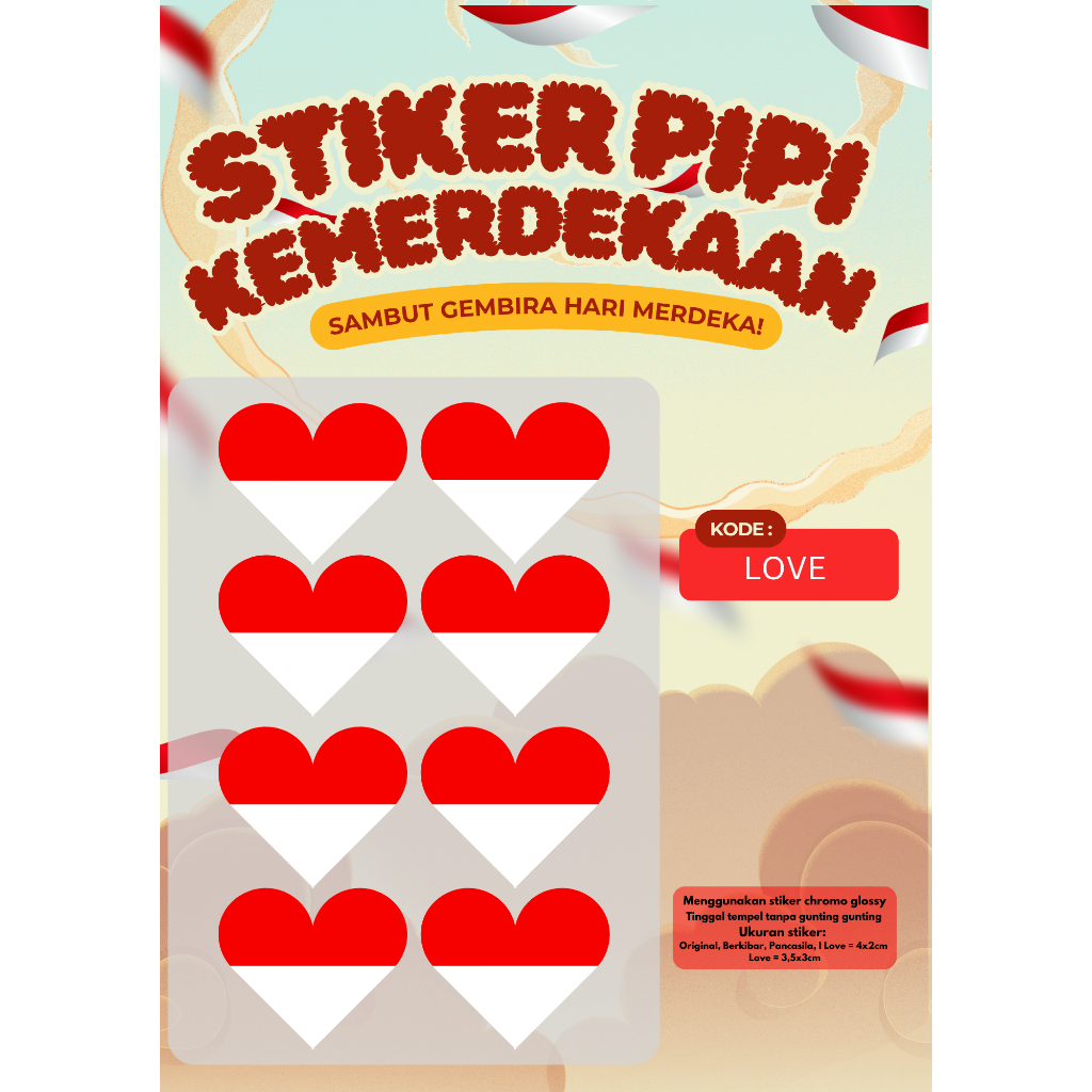 

OMAH STIKER - Stiker Pipi Merah Putih - Stiker Pipi Bendera Indonesia 17 Agustus