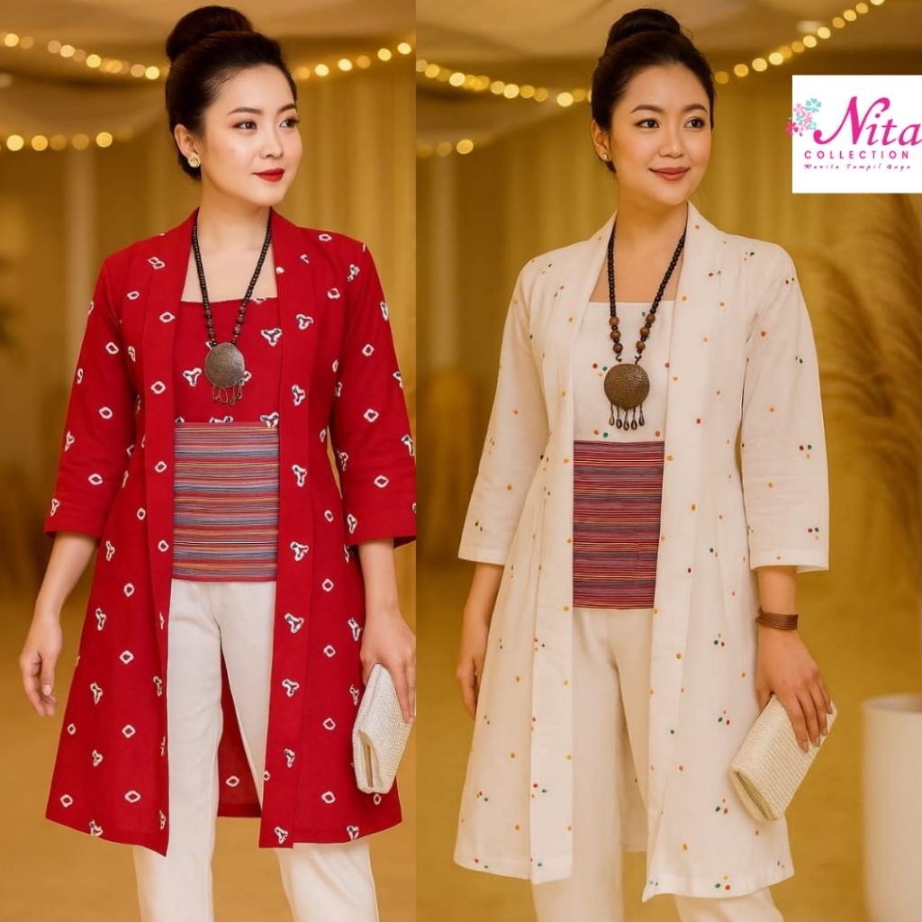 Tunik Kutubaru Motif Jumputan Ori mix Tenun Lurik Wanita All size Ld 110