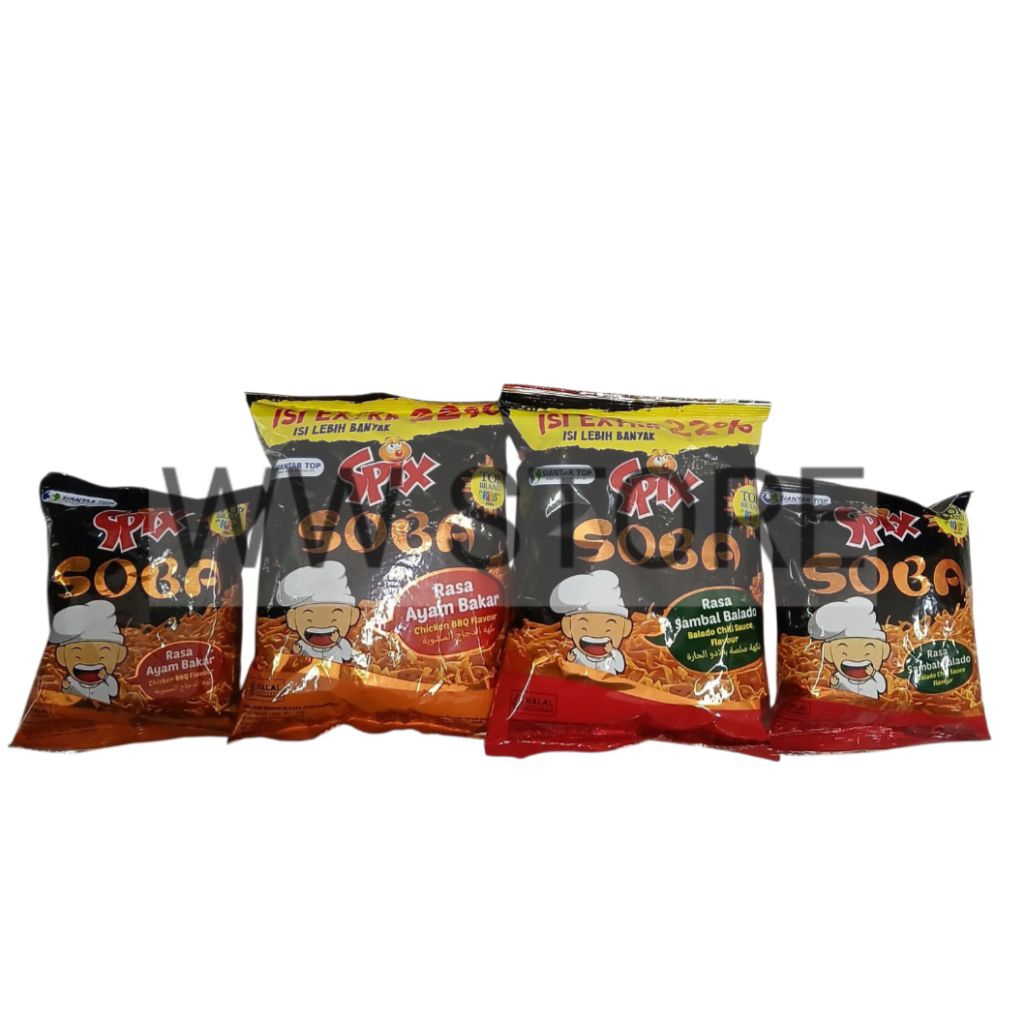 

Cemilan snek makanan ringan mi mie rasa ayam bakar / sambal balado halal MUI SIANTAR TOP SPIX SOBA Chicken BBQ / Spicy Chilli Chili Sauce Flavour 21g 45g