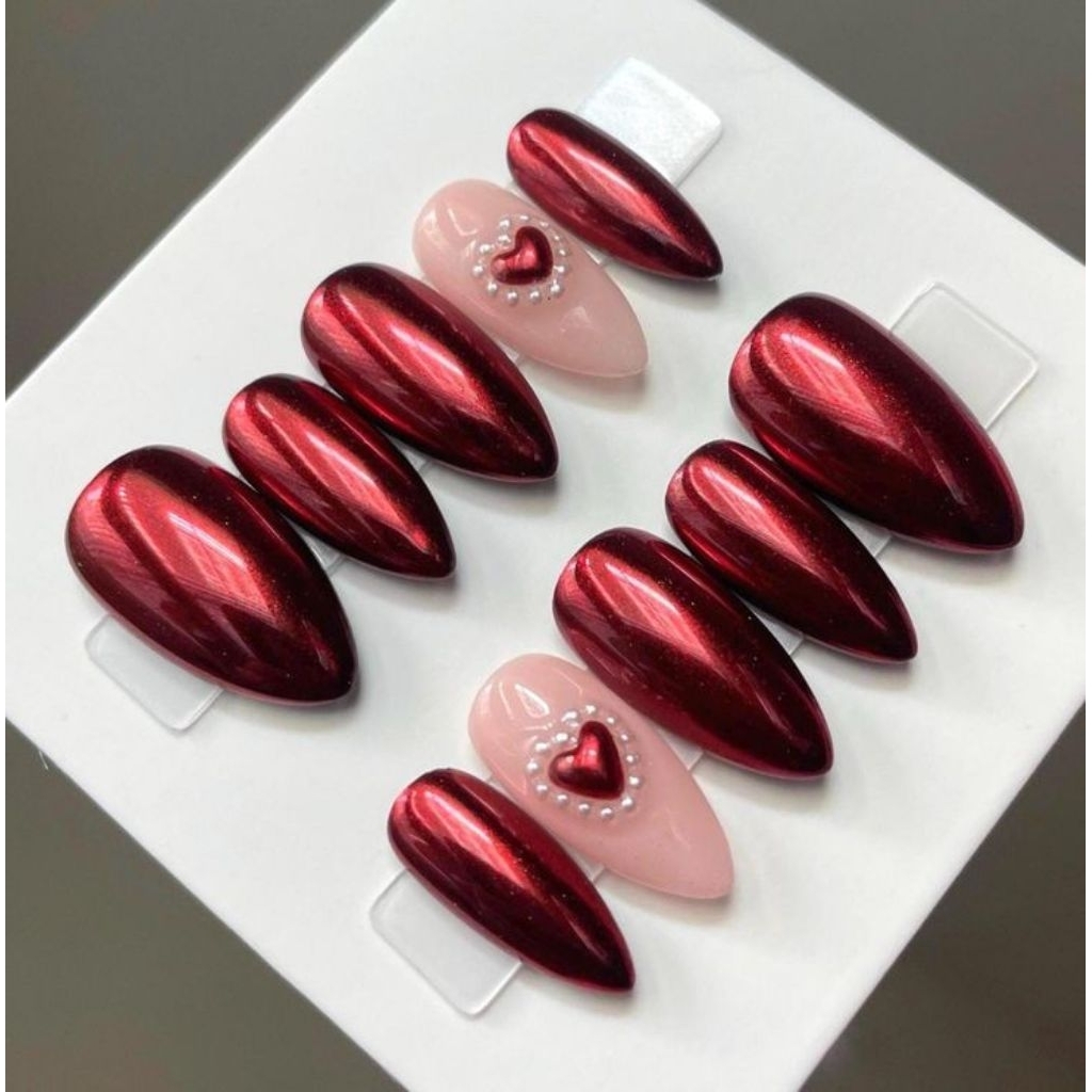 PRESS ON NAILS Fake nails (WAJIB TULIS UKURAN DI NOTE) Maroon Series, Cat eye, simpel, glitter kupu 