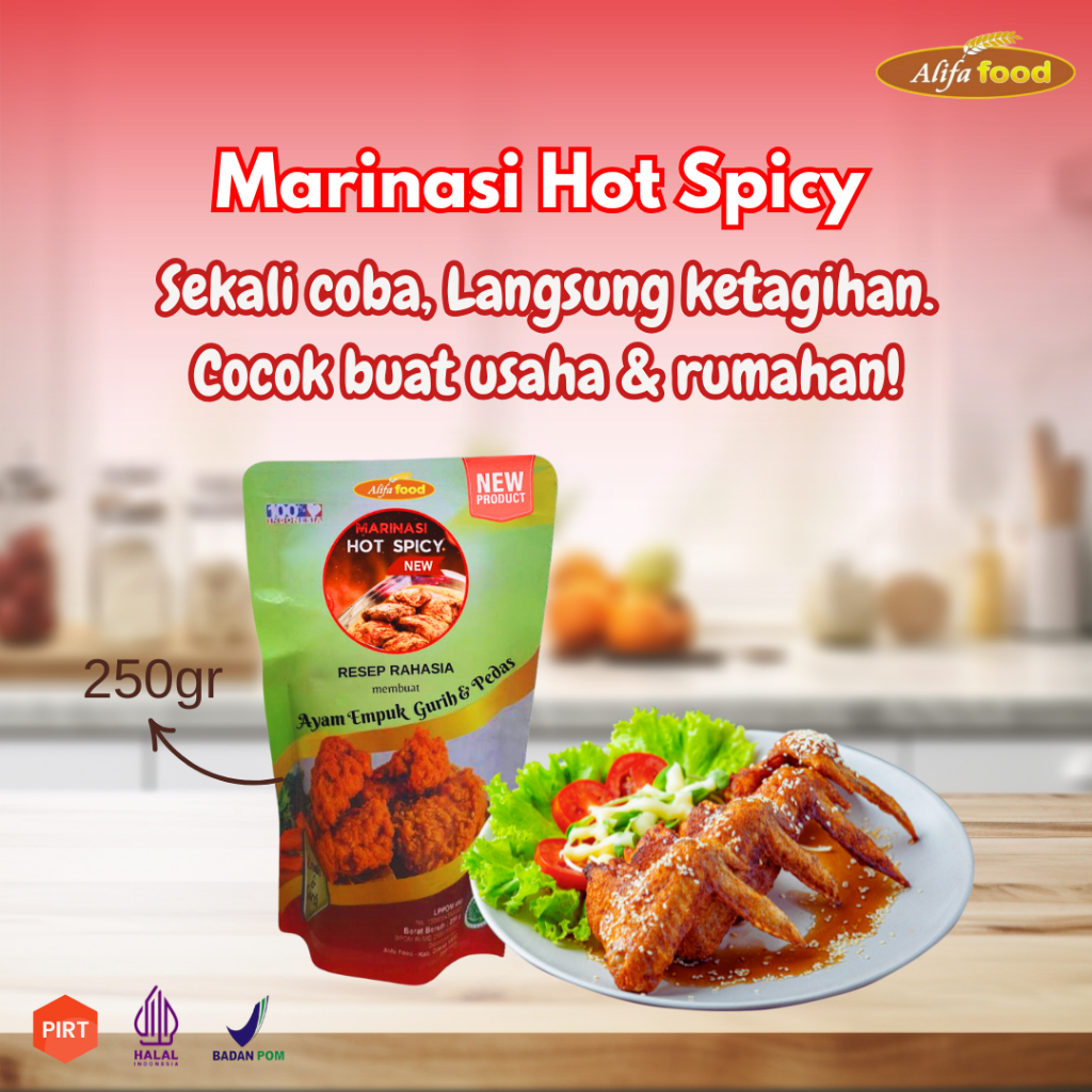 

Marinasi Hot spicy 250gr Alifa Food, Bumbu Marinasi Ayam Ikan Daging Pedas