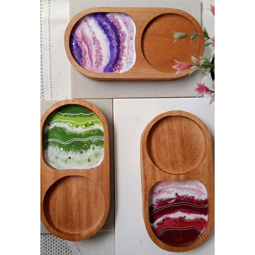 [ Emeref ] Tatakan Kayu Resin Handmade | Resin Coaster | Tatakan Gelas | Geode Theme | Dekorasi Ruma