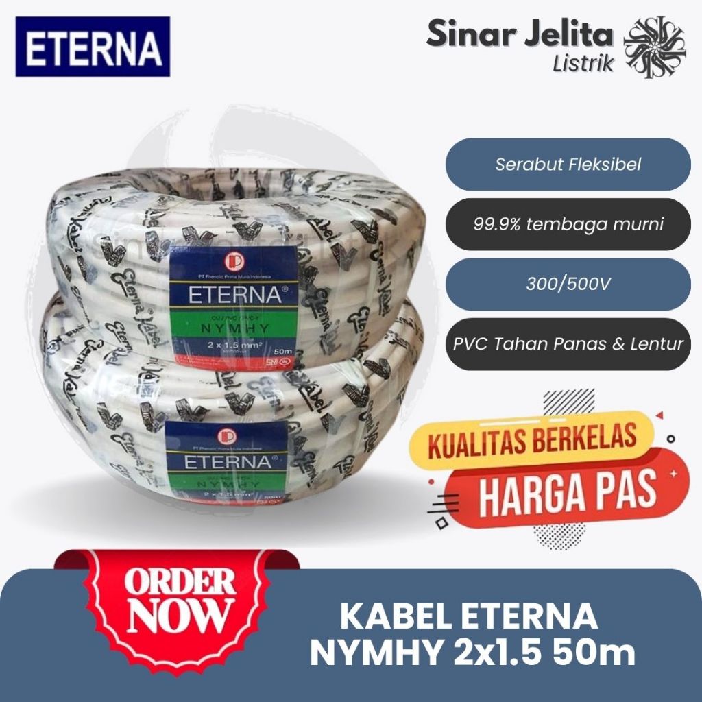 Kabel ETERNA NYMHY 2x1.5mm ROLL 50 METER | Kabel Putih Serabut NYMHY 2x1,5mm | Kabel ETERNA Serabut