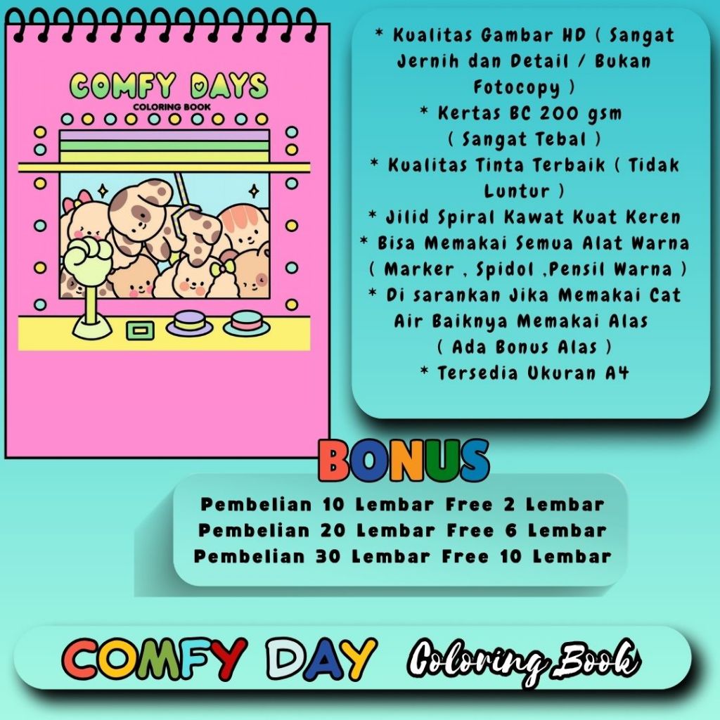 

Buku Mewarnai Tema COMFY DAY'S Coloring Book Kertas Premium 200 gsm Tebal Gambar HD Jernih Jilip Spiral Kawat Kuat