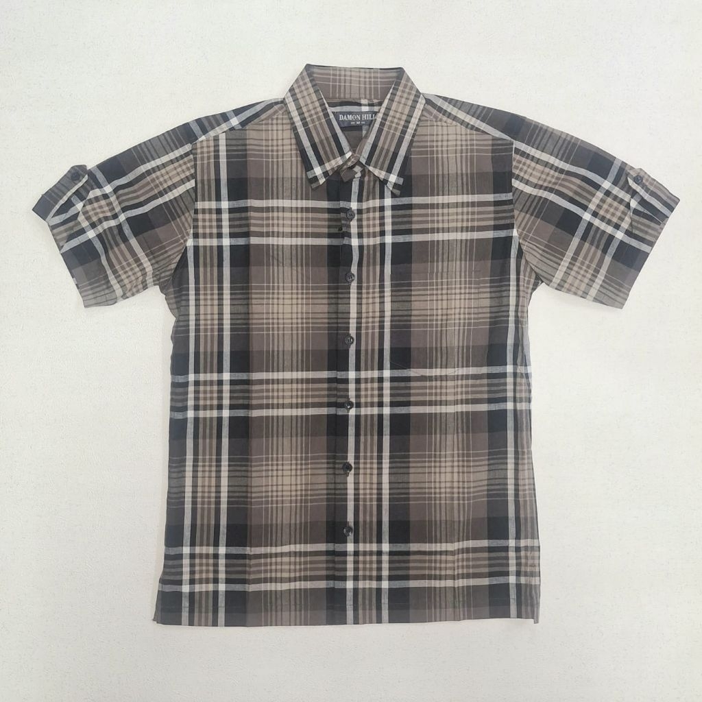 KEMEJA LENGAN PENDEK HEM KOTAK KEMEJA PRIA COKLAT