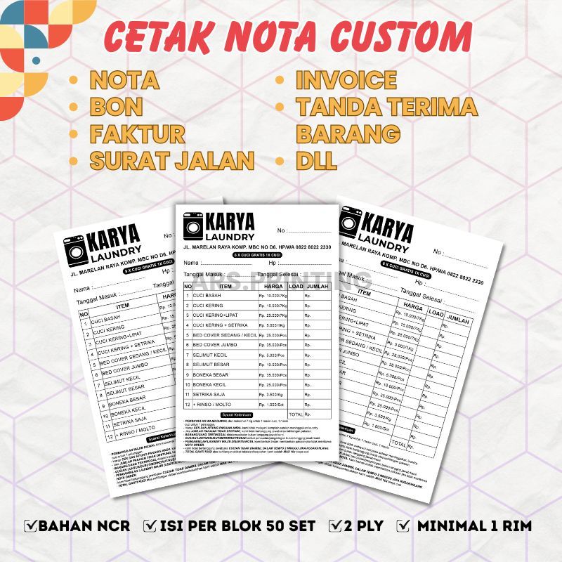 

Cetak Nota 2 Ply Custom – Cetak Bon Usaha, Toko, Laundry, Bengkel – Free Desain