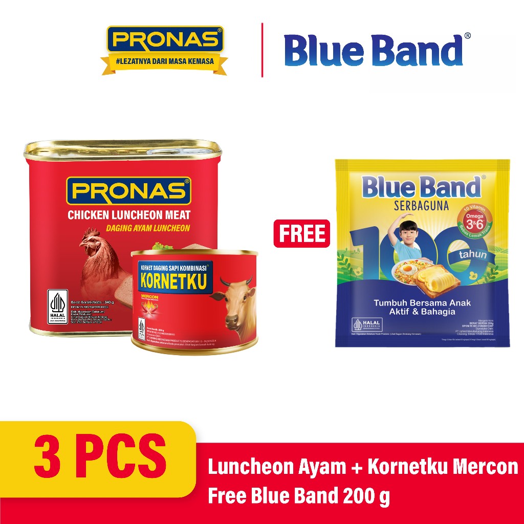 

[Pronas x Blue Band] PRONAS Luncheon Ayam 340 g + KORNETKU Kornet Sapi 200 g Free Blue Band Serbaguna 200 g