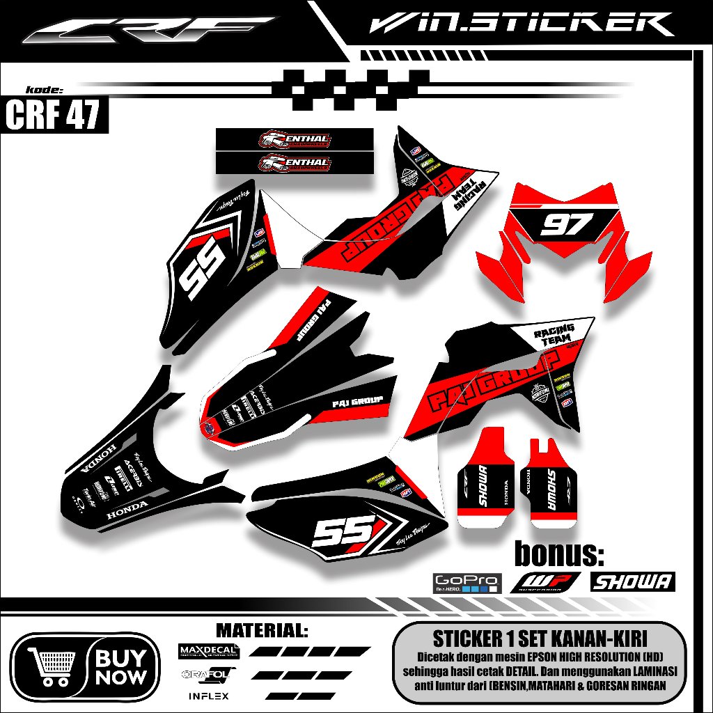 (Free Custom) Decal Crf Hitam Merah Full Body - Sticker Decal Crf Supermoto Keren