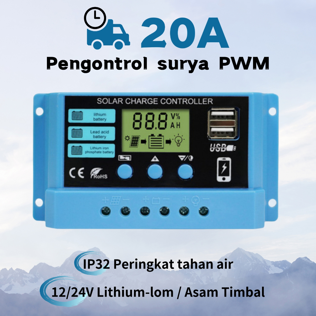 Solstellar Solar Charge Controller LCD LED Display Solar PWM 12V/24V 20A USB Panel Surya Charge/cont