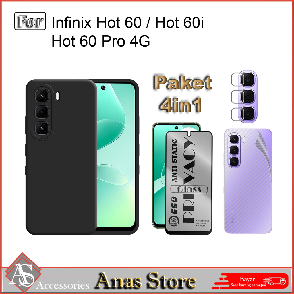 4IN1 Softcase Hitam INFINIX 60 HOT 60i HOT 50 Casing Tempered glass ESD Privacy